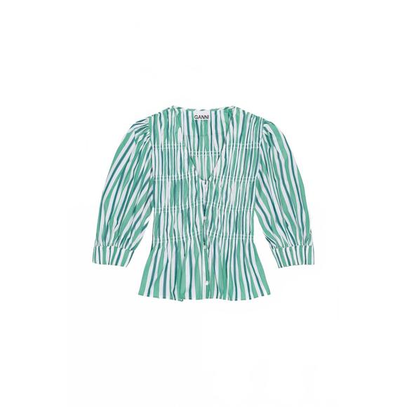 NEW GANNI stripe cotton v-neck blouse in creme de menthe